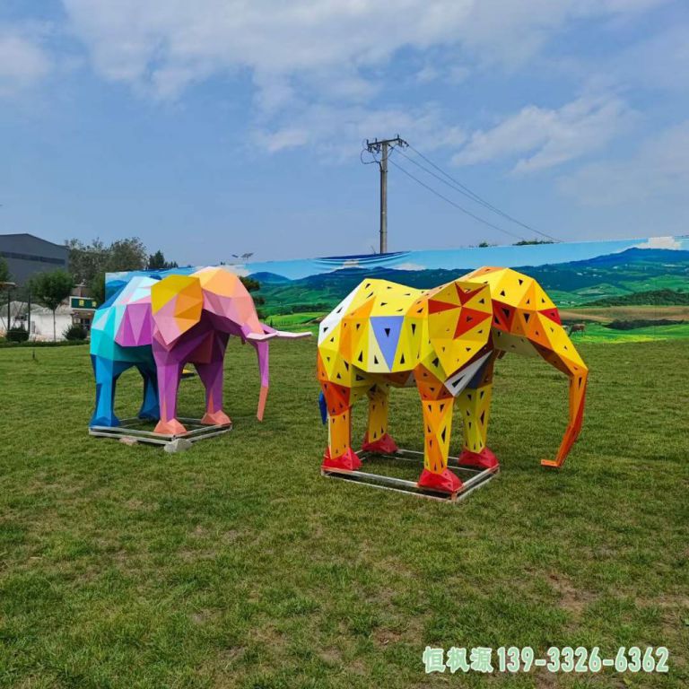 不锈钢彩绘几何大象雕塑 (5)